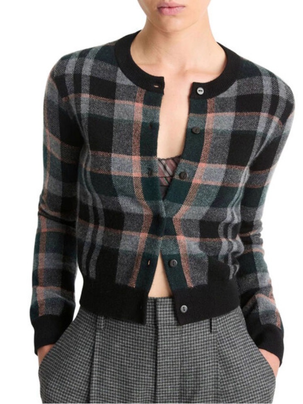 Vince 100% Cashmere Plaid Cardigan Sweater XS Black Green Pink Crop Button